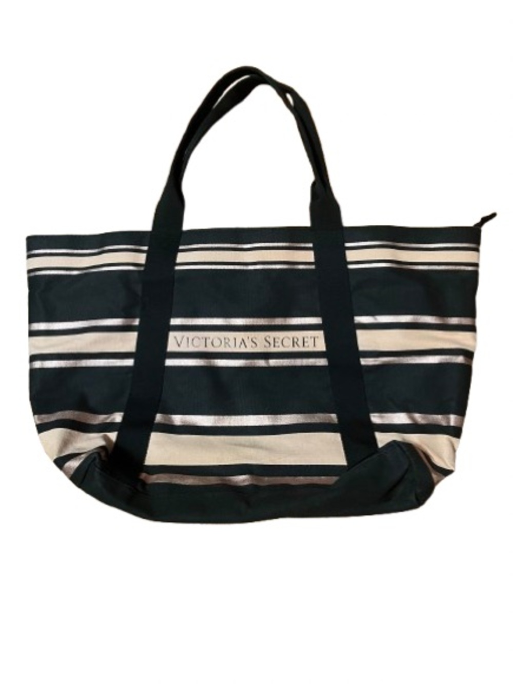 Victoria's Secret Logo Black and Pink Striped Canvas Large Tote